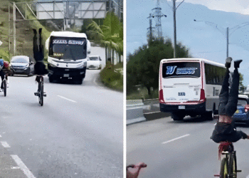 Pánico en vía por joven andando de cabeza sobre el sillín de su bicicleta