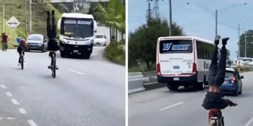 Pánico en vía por joven andando de cabeza sobre el sillín de su bicicleta