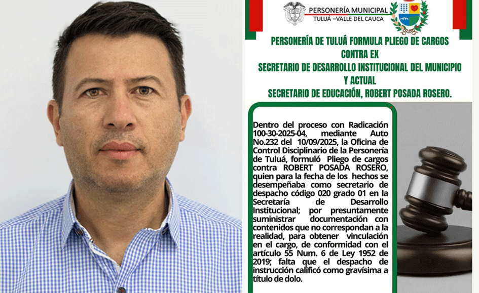 Personería formula pliego de cargos contra el Secretario de Educación de Tuluá