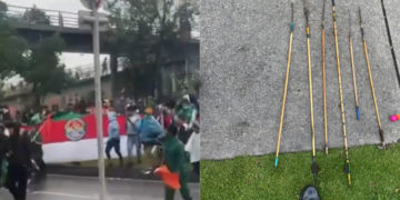 Indígenas atacan a policías con flechas durante disturbios frente a la Embajada de EE. UU. en Bogotá